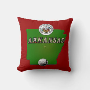 Arkansas Map, Seal and State Faux Quarter Throw Pillow