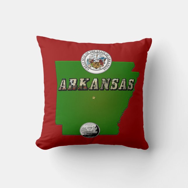 Arkansas Map, Seal and State Faux Quarter Throw Pillow (Front)