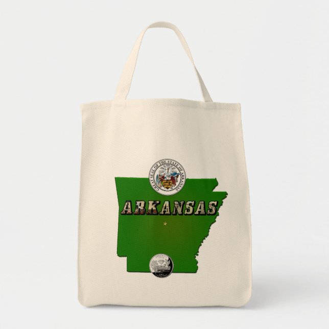 Arkansas Map, Seal and State Faux Quarter Tote Bag (Front)