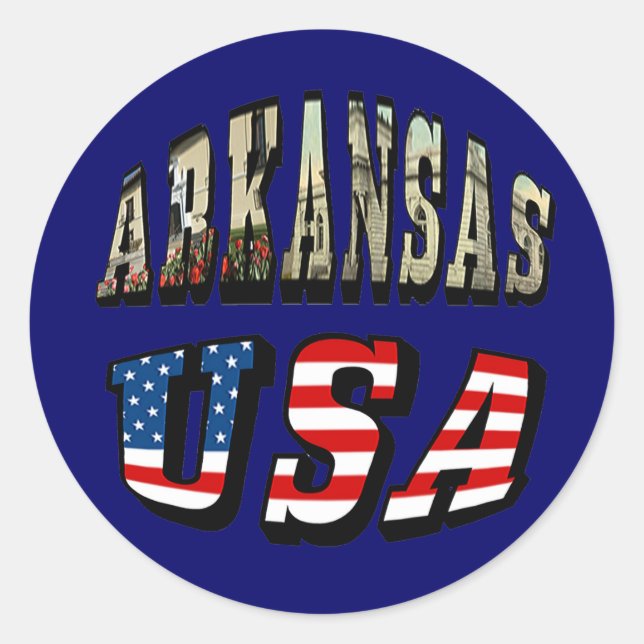 Arkansas Picture and USA Flag Text Classic Round Sticker (Front)