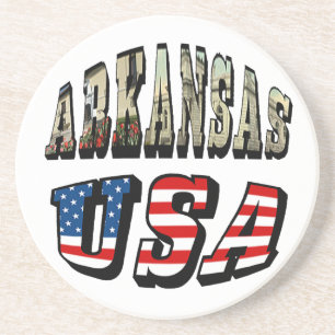 Arkansas Picture and USA Flag Text Coaster