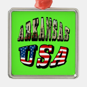 Arkansas Picture and USA Flag Text Metal Ornament