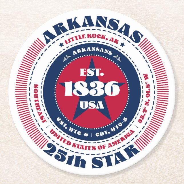 Arkansas Red White Blue Typography Round Paper Coaster (Front)