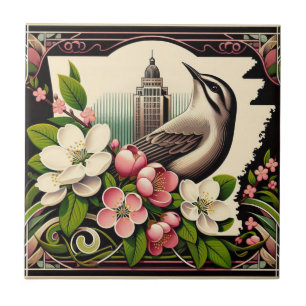 Arkansas State Flower and Bird Blue Pink Tile