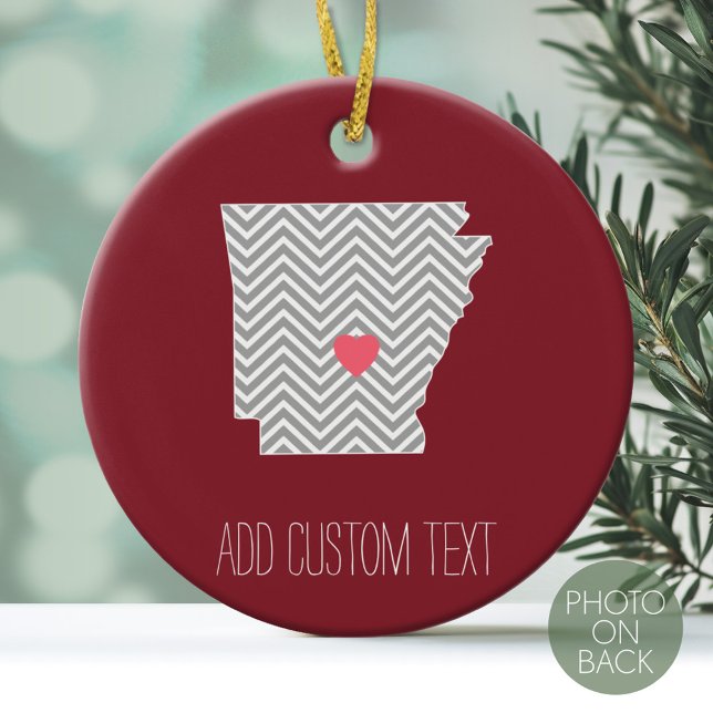 Arkansas State Map with Custom Red Heart and Name Ceramic Ornament (Personalized Photo Ornament)