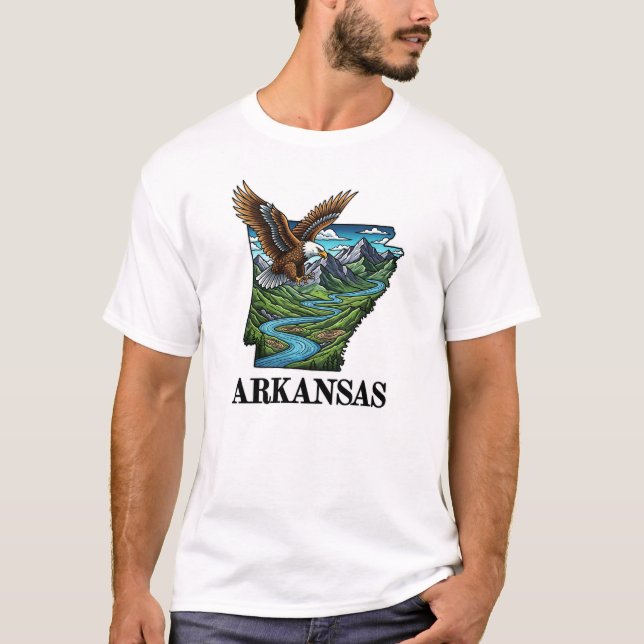 Arkansas State Tattoo Style Bald Eagle Mountains  T-Shirt (Front)