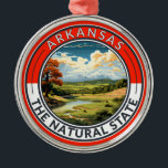 Arkansas Travel Art Badge Metal Ornament<br><div class="desc">Arkansas retro vector travel design. This retro-style travel art,  with its blend of bold colours and vintage allure,  is designed to inspire a sense of adventure.</div>
