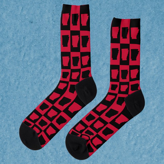 Arkansas US State Check Black and Red Pattern Socks (A pair of socks featuring a red and black pattern of the US state of Arkansas.)