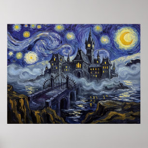 Arkham Asylum Starry Night Comic Landscape Poster