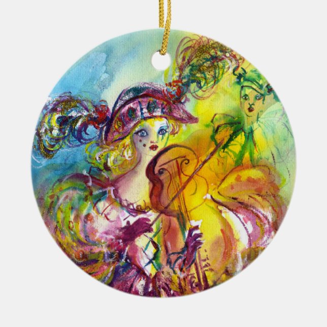 ARLECCHINA  VIOLINIST / Venetian Carnival Night Ceramic Ornament (Front)