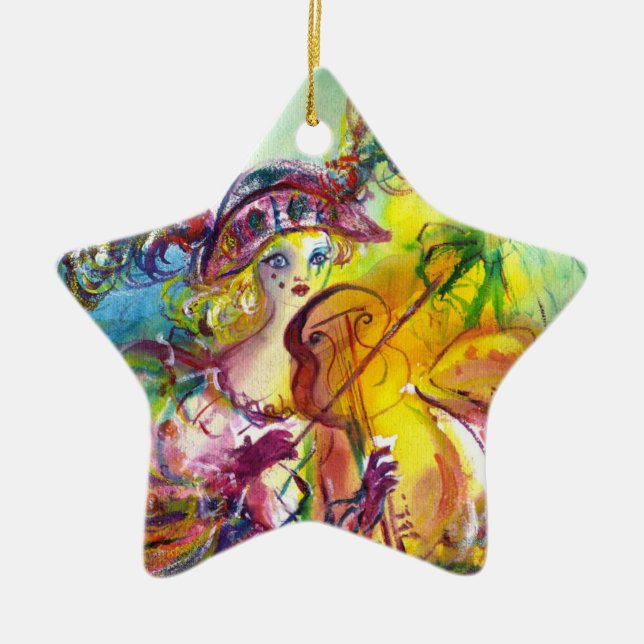 ARLECCHINA  VIOLINIST / Venetian Carnival Night Ceramic Ornament (Front)