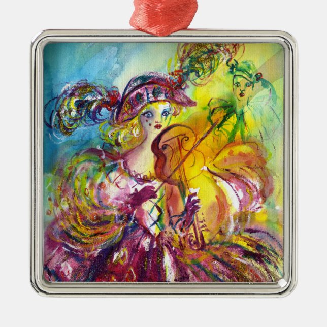 ARLECCHINA  VIOLINIST / Venetian Carnival Night Metal Ornament (Front)