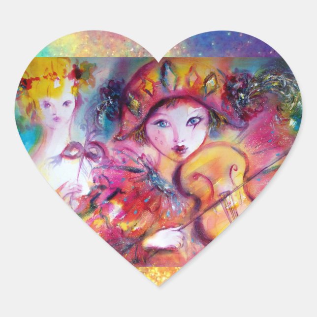 ARLECCHINO AND COLOMBINA ,Pink Fuchsia Yellow Blue Heart Sticker (Front)