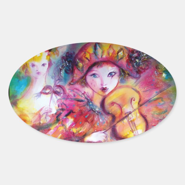 ARLECCHINO AND COLOMBINA ,Pink Fuchsia Yellow Blue Oval Sticker (Front)