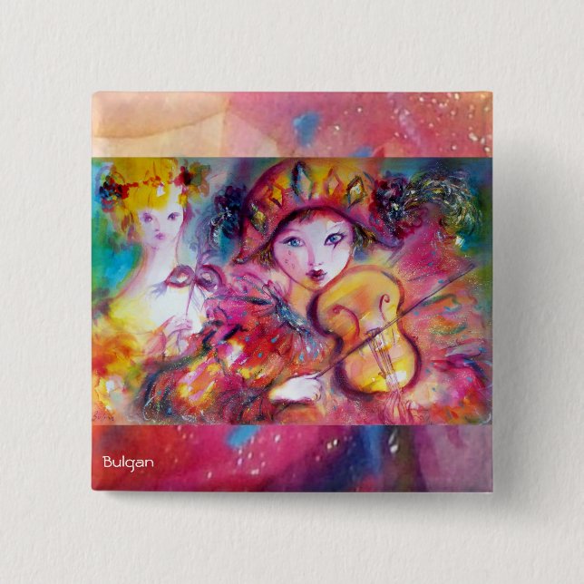 Arlecchino and Colombina Venetian Masquerade Music 2 Inch Square Button (Front)