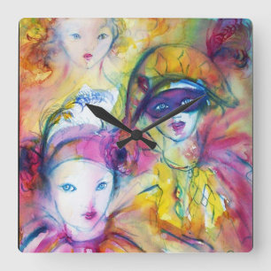 ARLECCHINO PIERO AND COLOMBINA SQUARE WALL CLOCK