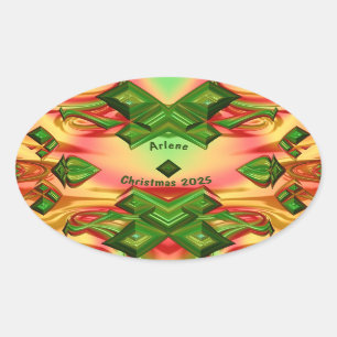 ARLENE ~ CHRISTMAS 2025 Green Red Yellow Fractal ~ Oval Sticker