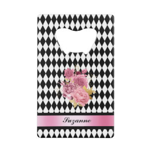 Arlequin noir blanc avec fleur rose et nom