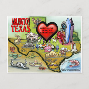 Arlington Texas Cartoon Map Postcard