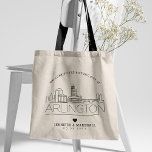 Arlington Wedding | Stylized Skyline Tote Bag<br><div class="desc">A unique wedding tote bag for a wedding taking place in the beautiful city of Arlington,  Texas.  This tote features a stylized illustration of the city's unique skyline with its name underneath.  This is followed by your wedding day information in a matching open-lined style.</div>