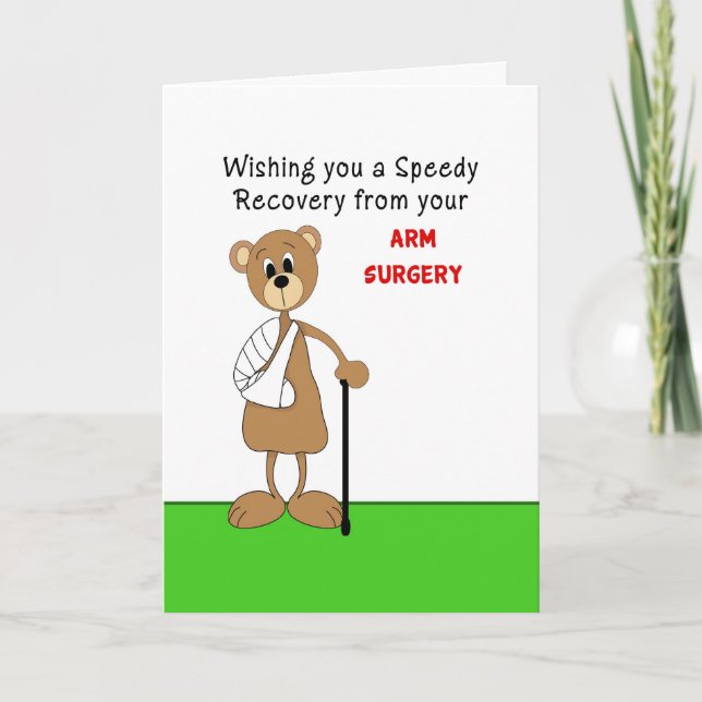 Arm Surgery Greeting Card-Bear in Cast with Cane Card (Front)