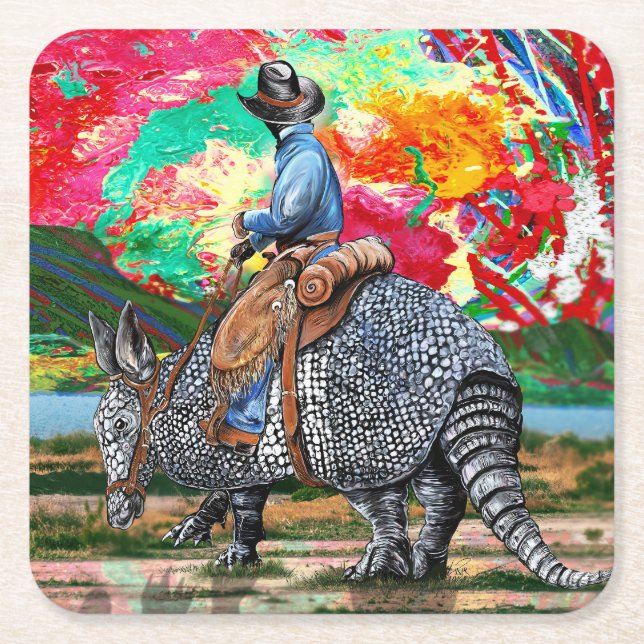 Armadillo Cowboy Square Paper Coaster (Front)
