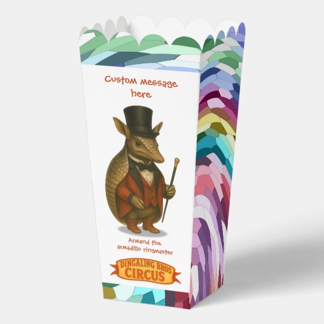 Armand, armadillo ringmaster favor box (Front)