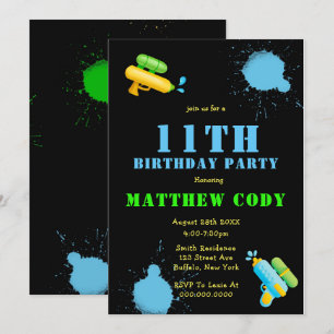 Arme à eau Splash Boy 11e anniversaire Invitations