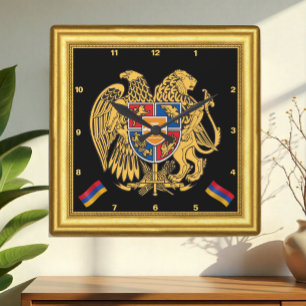 Armenia Clock, Gold Frame, Emblem, Vintage Square Wall Clock