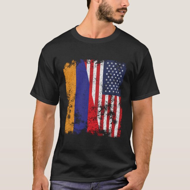 Armenia Usa Flag Distressed - Half American T-Shirt (Front)