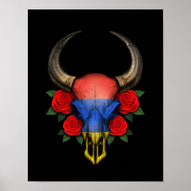 Armenian Flag Bull Skull with Red Roses Poster (Front)