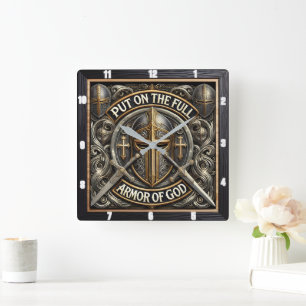 Armor God Faith Cross Square Wall Clock