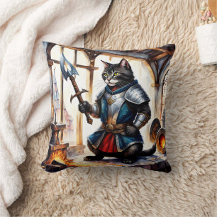Armoured Cat Holding Spear in Blacksmith Workshop Throw Pillow