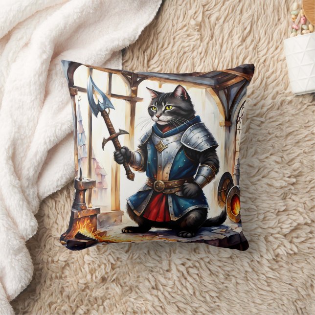Armoured Cat Holding Spear in Blacksmith Workshop Throw Pillow (Blanket)