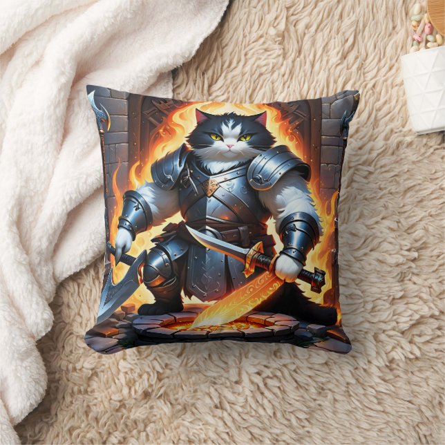 Armoured Cat Preparing for Battle in Fiery Setting Throw Pillow (Blanket)