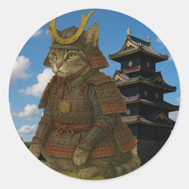 Armoured Cat Warrior Illustration Classic Round Sticker (Front)