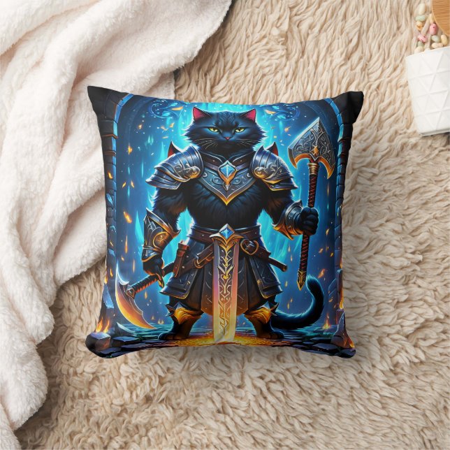 Armoured Cat Warrior in a Mystical Setting Throw Pillow (Blanket)