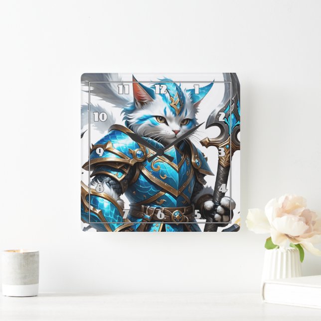 Armoured Cat Warrior in Blue Armour With Staff Square Wall Clock (Home)