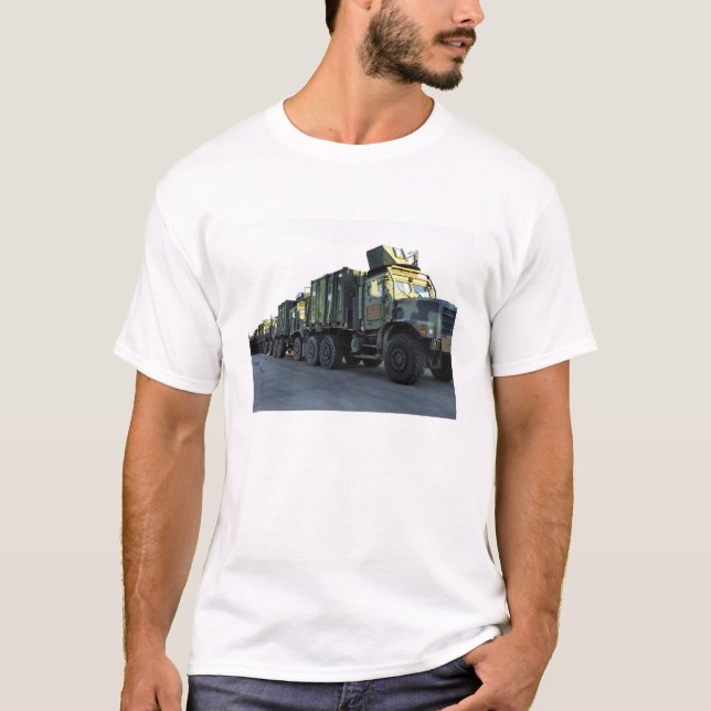 Armoured trucks sit on the pier at Morehead City T-Shirt (Front)