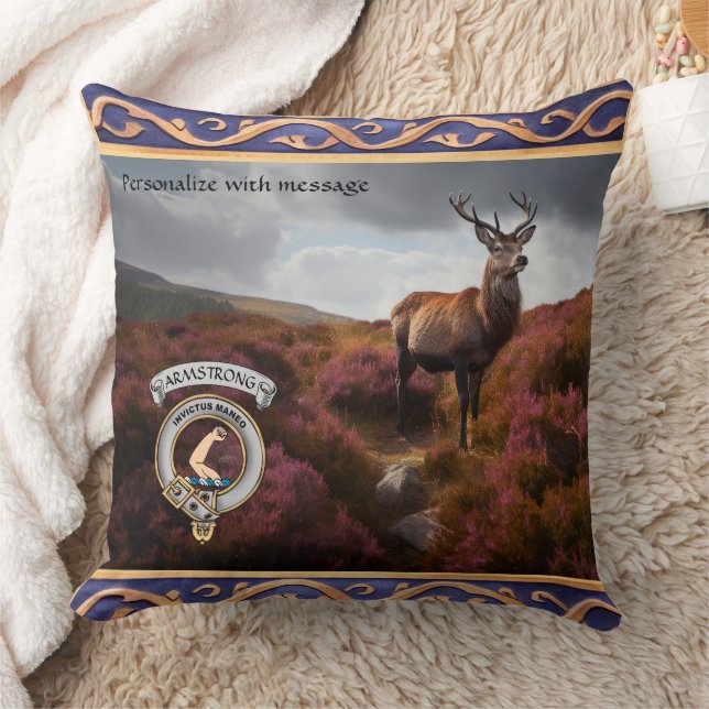 Armstrong Clan Badge & Stag Personalized Throw Pillow (Blanket)