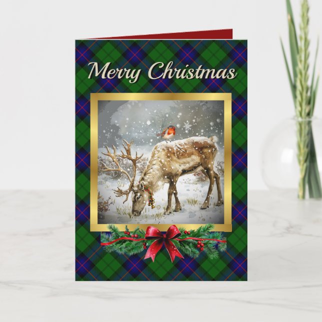 Armstrong Stag & Robin Tartan Personalized  Holiday Card (Front)