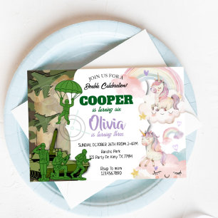 Army and Unicorn Birthday Invitation   Boy & Girl 