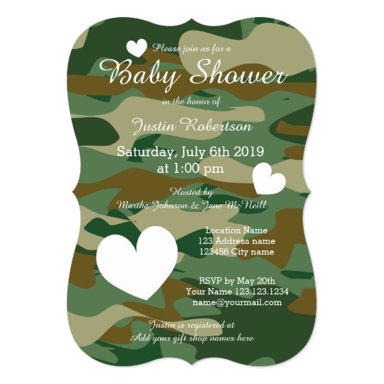 Army camo baby shower invitations with cute hearts