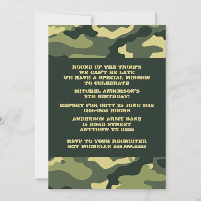 Army Camo Camouflage Birthday Party invitation (Front)