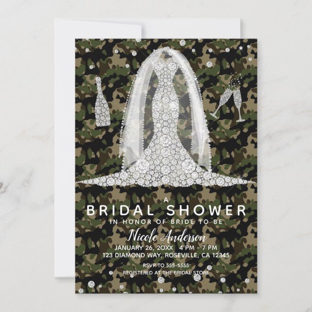 Army Camo Diamond Wedding Dress Bridal Shower Invitation (Front)