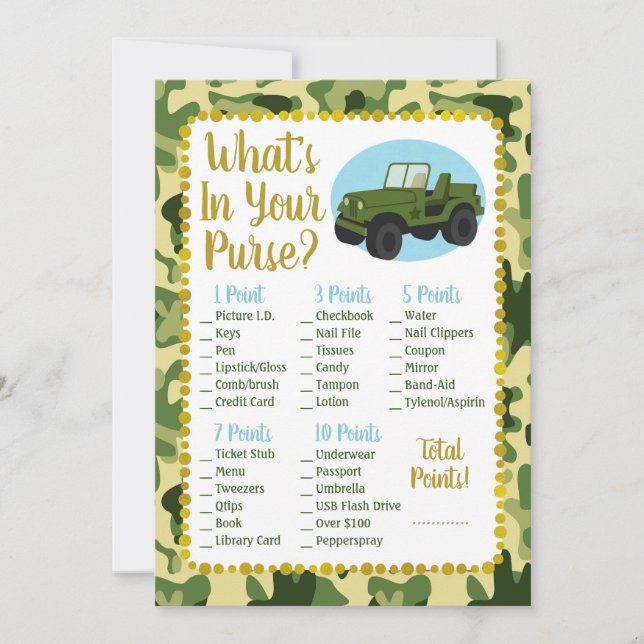 Army Camo What's In Your Purse Shower Game (Front)