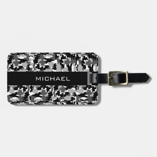 Army camouflage black and white pattern luggage tag (Front Horizontal)