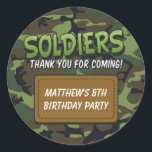 Army Camouflage Comic Theme Kids Birthday Stickers<br><div class="desc">Modern kids military party thank you stickers with camouflage background and an army patch and your childs name and message. Great for sticking on birthday party bags for your childrens friends to take home!</div>