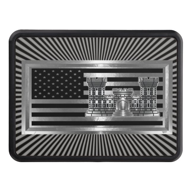 Army Engineer Castle with USA FLAG  Trailer Hitch Cover (Front)
