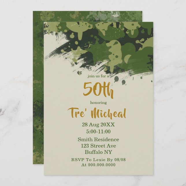Army Green Camouflage 50th Birthday Invitations  (Front/Back)